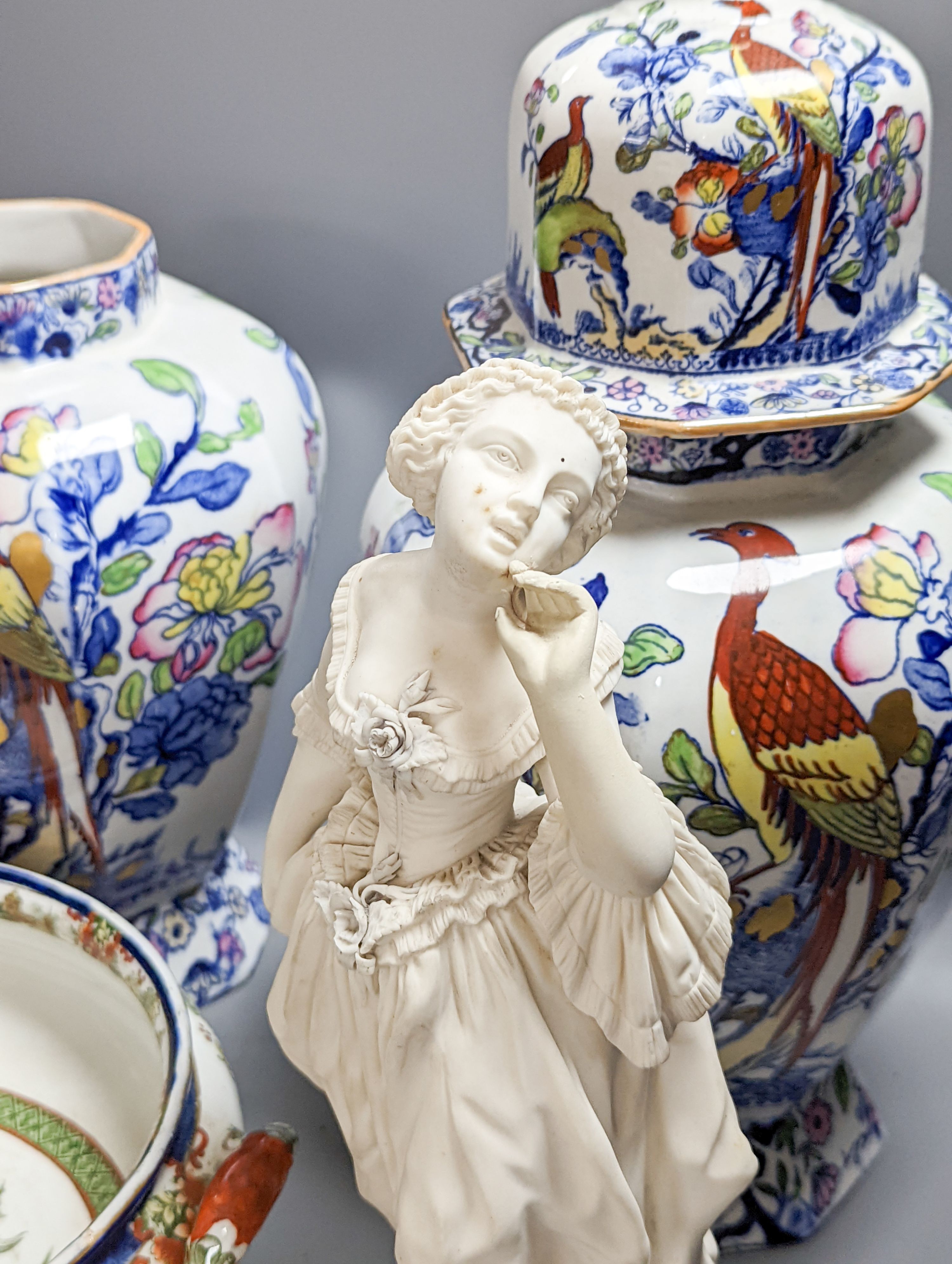 A pair of Masons vase, a Doulton Madras pattern bowl, bisque figure and moulded glass Madonna and Child 40cm